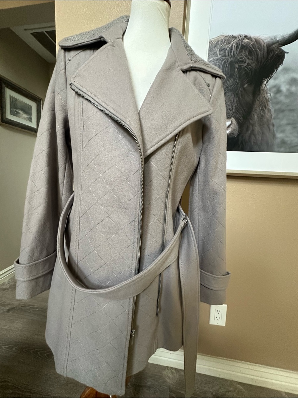 Steve Madden Size 12 Womens Quilted Belted Wool-Blend Coat - Taupe/Gray